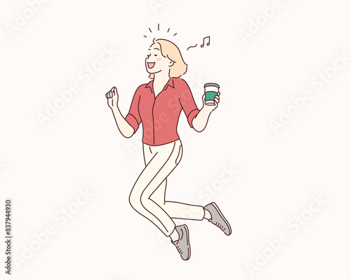 Coffee break, time. cheerful positive girl jumping in the air. Hand drawn style vector design illustrations.