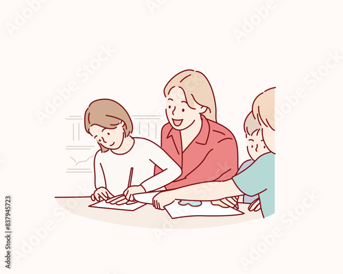 Little children with kindergarten teacher drawing at table indoors. Learning and playing. Hand drawn style vector design illustrations.