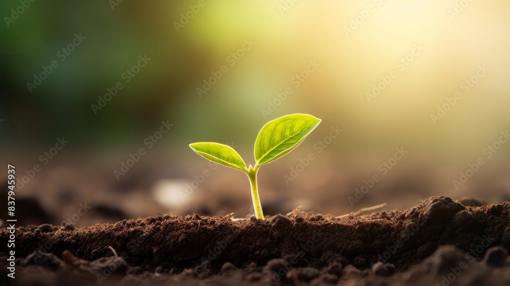 Little green sprouts appeared from the ground on a sunny spring day. Closeup of growing little green sprout appearing from the ground Little green sprouts appeared from the ground on a sunny spring day. Closeup of growing little green sprout appearing from the ground