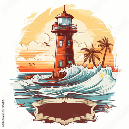Marine lighthouse. Vintage t-shirt design label for clothing printing.