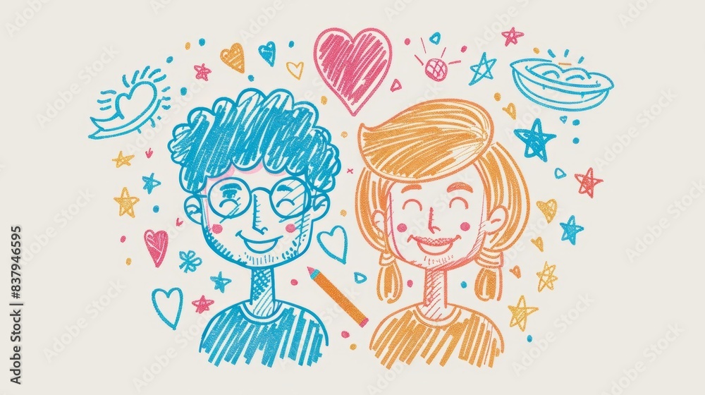 Hand-drawn illustration of a happy couple surrounded by hearts, stars, and various cute doodles on a light background. Hand-drawn illustration of a happy couple surrounded by hearts, stars, and various cute doodles on a light background.