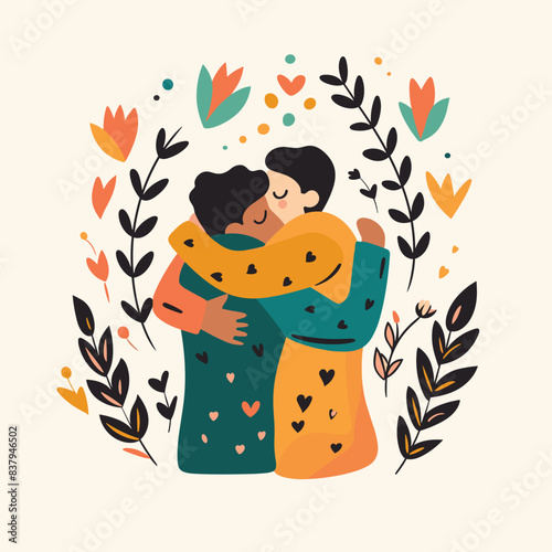 Two people embracing surrounded decorative floral elements, expressing affection love, cartoon style. Couple hugging, showing closeness comfort, adorned hearts, foliage design. Artistic