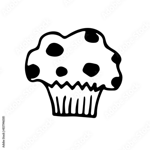 A cute hand-drawn muffing , a black and white  cupcake icon, a pastry doodle, a cake sketch
