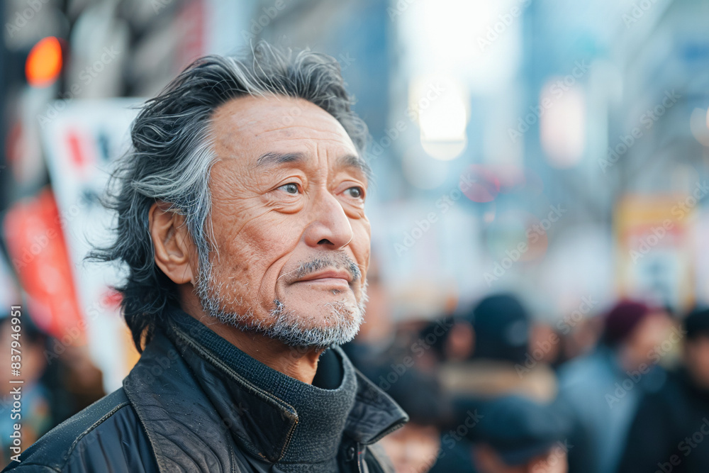 Elderly Asian man at protest political rally, activist holding sign in city streets, shouting for freedom and equality Elderly Asian man at protest political rally, activist holding sign in city streets, shouting for freedom and equality