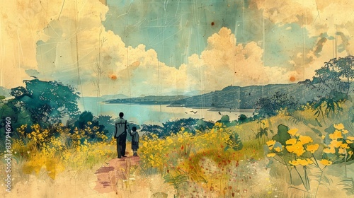 Scenic digital painting of a countryside landscape with two figures walking on a path, surrounded by flowers and hills under a bright sky.