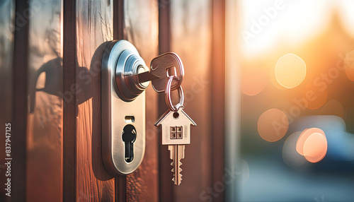 Key with house-shaped keychain inserted into the lock of a wooden door, symbolizing home security and property ownership