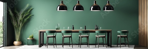 Minimalistic Dining Area in Black and Dusty Green with Tall Table and Wooden Details   © Five Million Stocks