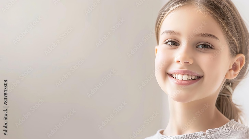 Smiling young girl with a friendly expression, posing against a neutral background, conveying happiness and positivity. Smiling young girl with a friendly expression, posing against a neutral background, conveying happiness and positivity.