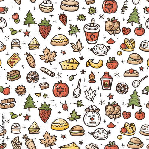 Seamless pattern with traditional symbols and icons in the doodle sketch style illustration vector isolated on white background