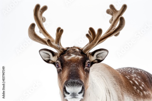 Mystic portrait of Reindeer or Caribou, copy space on right side, Anger, Menacing, Headshot, Close-up View Isolated on white background