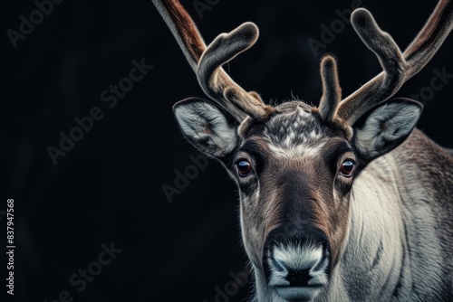 Mystic portrait of Reindeer or Caribou, copy space on right side, Anger, Menacing, Headshot, Close-up View Isolated on black background © Tebha Workspace