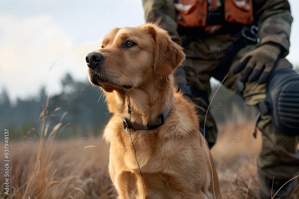 Golden Retriever Search and Rescue Dog Alerting Its Handler After Finding a Scent in the Wild Golden Retriever Search and Rescue Dog Alerting Its Handler After Finding a Scent in the Wild