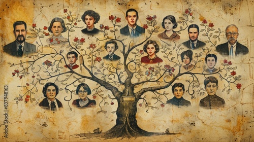 Vintage family tree illustration with multiple generations depicted, showcasing lineage and ancestry on an aged parchment background. photo