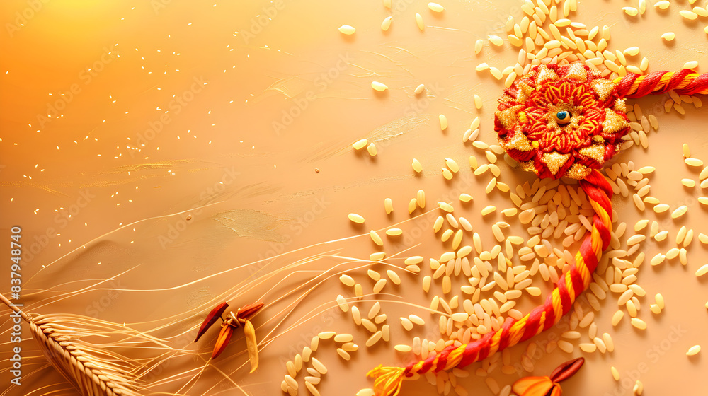 Fototapeta premium Traditional Indian Rakhi for Raksha Bandhan festival, flat lay on warm golden background with rice grains and wheat stalks