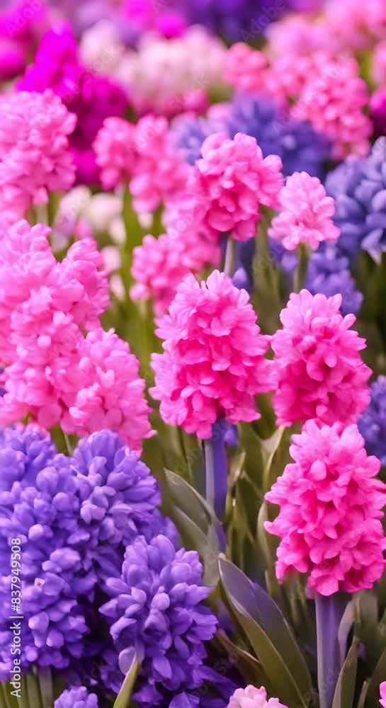 Large flower bed with multi colored hyacinths traditional Easter flowers flower background easter spring background Close up macro photo selective focus Pink purple blue flowers in spring