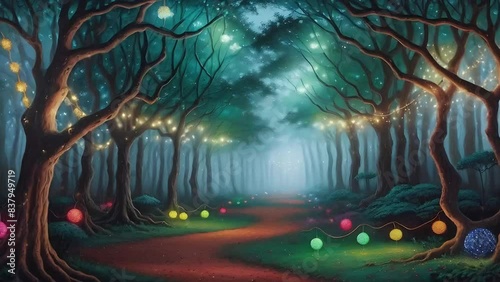 Enchanted Fairy Forest with Fairy Lights: Illuminated Trees and Pathway, Looped