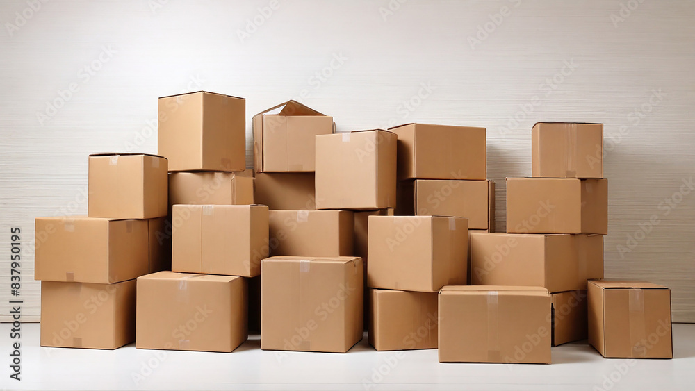 Moving boxes in empty room. New house moving service. 3D rendering Moving boxes in empty room. New house moving service. 3D rendering