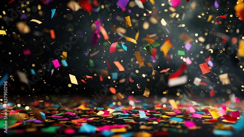 colorful confetti particles with bokeh light in motion air, on black background for overlay