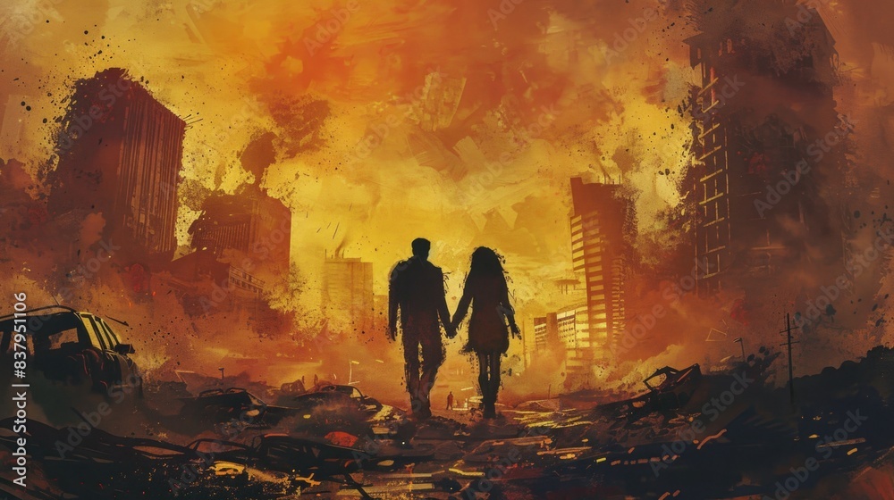 Fototapeta premium Man and woman holding hands and walking away. Silhouette. post apocalyptic city street with destroyed buildings