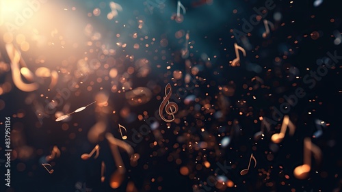 musical notes in air motion particles with bokeh light, on black background for overlay photo