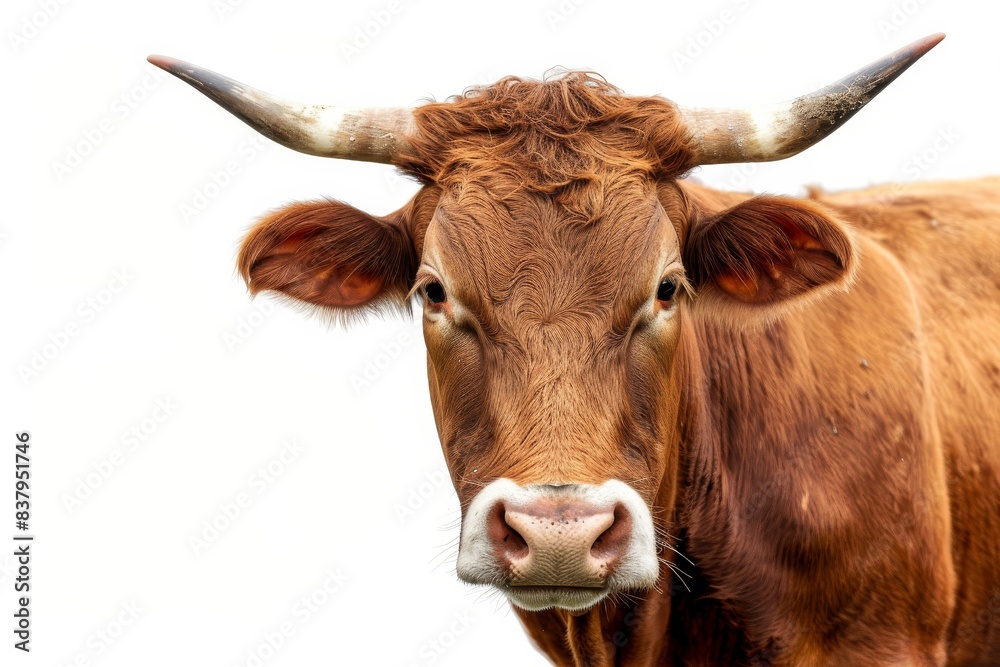 Mystic portrait of Domestic Cattle, copy space on right side, Anger, Menacing, Headshot, Close-up View Isolated on white background Mystic portrait of Domestic Cattle, copy space on right side, Anger, Menacing, Headshot, Close-up View Isolated on white background
