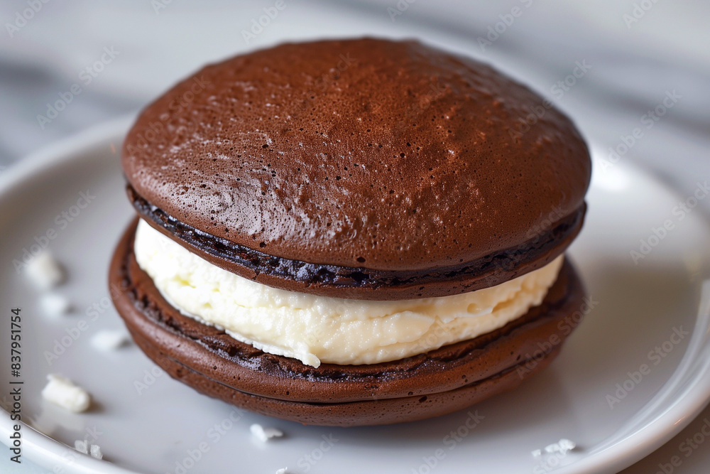 Fresh baked american chocolate whoopie pies with cream filling. Fresh baked american chocolate whoopie pies with cream filling.