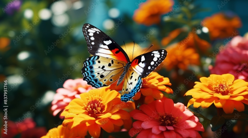 Closeup of wild beautiful butterfly on a flower in garden. Monarch butterfly collecting nectar from flower.