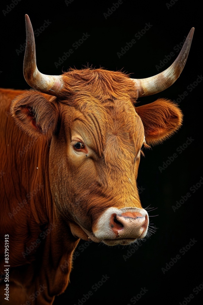 Mystic portrait of Domestic Cattle, copy space on right side, Anger, Menacing, Headshot, Close-up View Isolated on black background Mystic portrait of Domestic Cattle, copy space on right side, Anger, Menacing, Headshot, Close-up View Isolated on black background