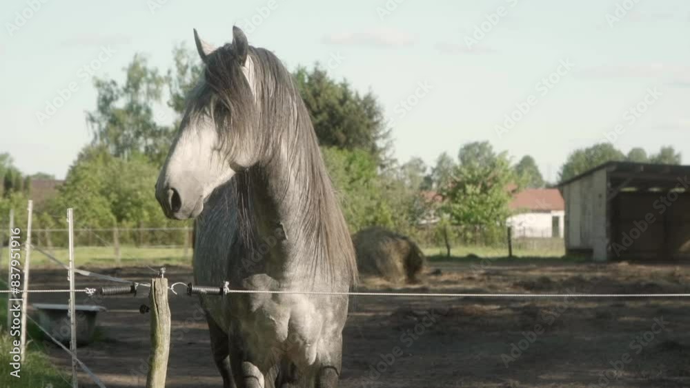 A grey domestic horse with a long mane stands near an electric fence in a rural paddock. A domesticated Horse walks up to the fence of the stable and looks away, twitching its ears. A grey domestic horse with a long mane stands near an electric fence in a rural paddock. A domesticated Horse walks up to the fence of the stable and looks away, twitching its ears.