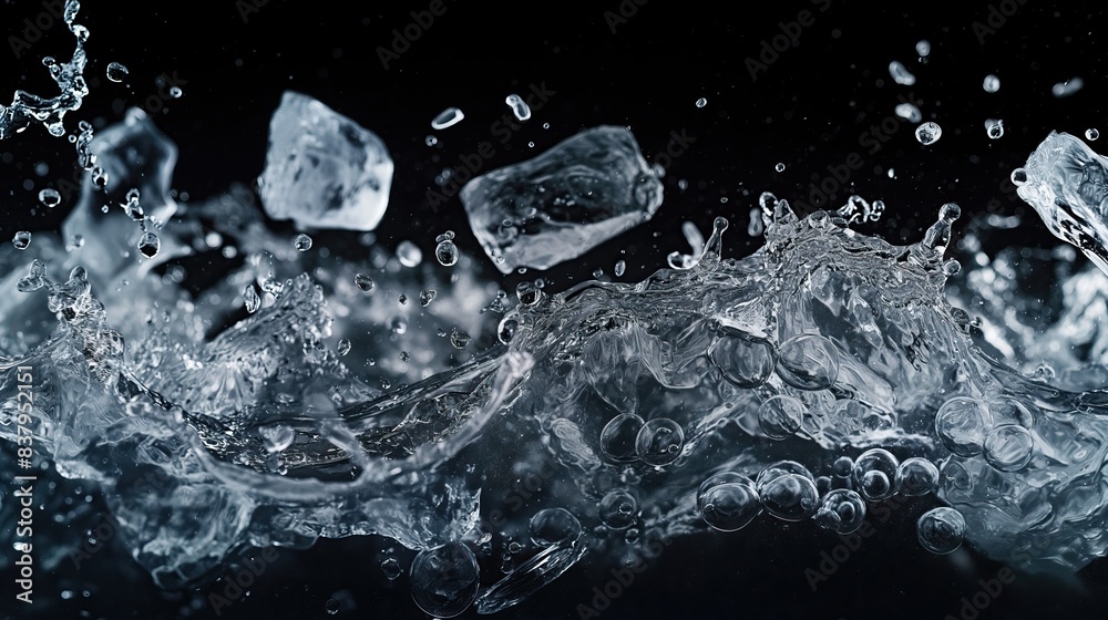 ice cubes with water particles splash in motion air, on black ...