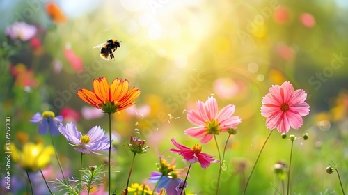 Multicolored cosmos flowers in meadow in spring summer nature . Selective soft focus on Flying Bumblebee landing to flower. Wildlife scene from nature