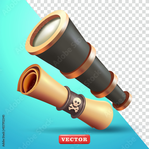 Antique telescope binoculars and pirate map scroll, 3d vector, suitable for games and design elements