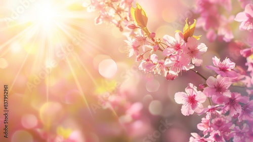 Branch of sakura flowers with sunlight filtering through creating a radiant spring atmosphere