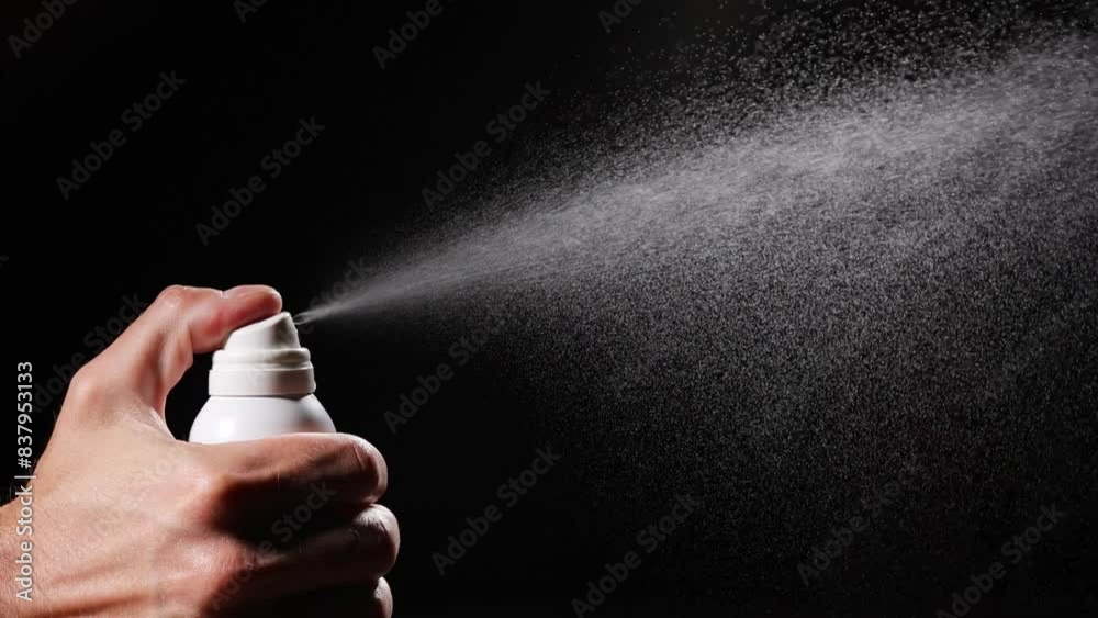 Slow motion of spray bottle drops on black background. Male perfume bottle on a dark background