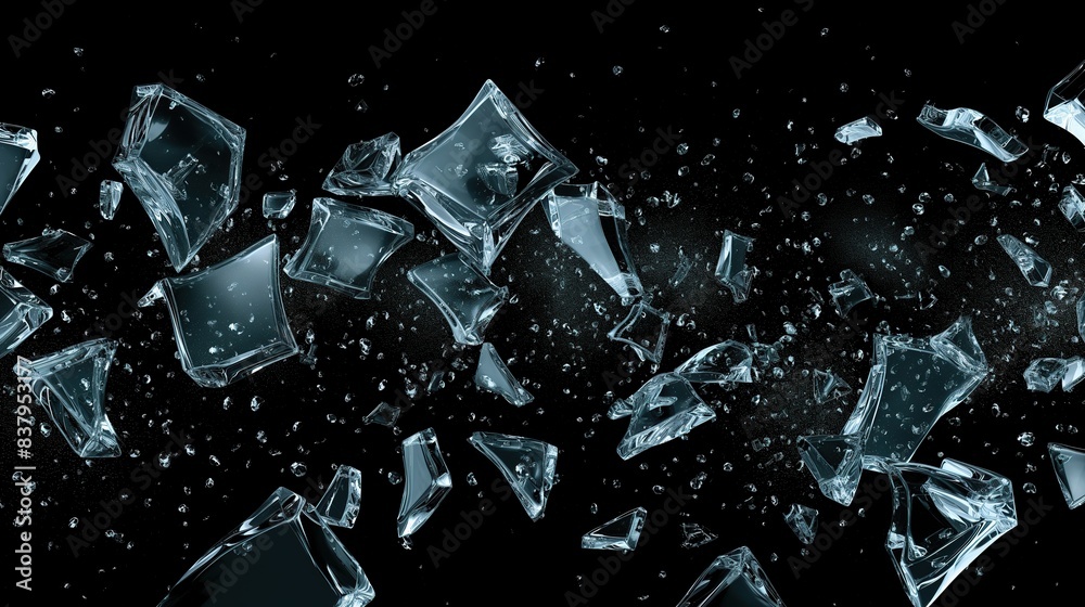 shattered glass pieces particles in motion air, on black background for overlay