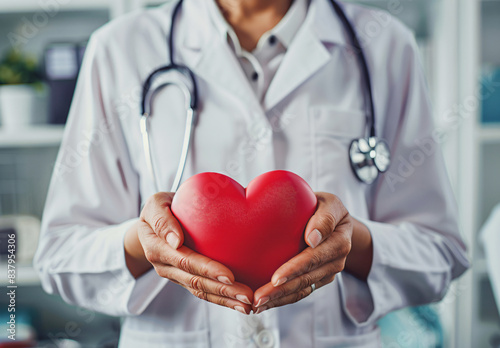 Adult and child hands holding a red heart on an aqua background symbolize heart health, donation, corporate social responsibility, World Heart Day, World Health Day, and Family Day.