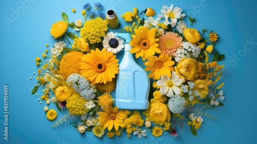 Creative circle of yellow flowers and cleaning supplies on blue background