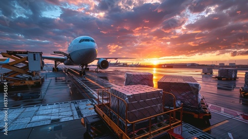 Cargo loading at the airport containers being prepared for shipment into a freighter jet aircraft