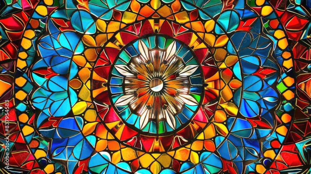 Mandala background with stained glass effect and primary colors. Kaleidoscope art lovers and artistic design Mandala background with stained glass effect and primary colors. Kaleidoscope art lovers and artistic design