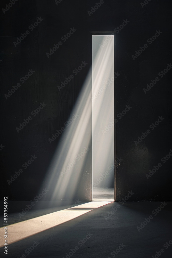 A minimalist door slightly open with a beam of bright light spilling out, illuminating the plain background. The simplicity of the scene highlights the contrast between light and shadow A minimalist door slightly open with a beam of bright light spilling out, illuminating the plain background. The simplicity of the scene highlights the contrast between light and shadow