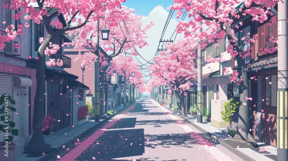Fototapeta premium A street with cherry blossoms in the background