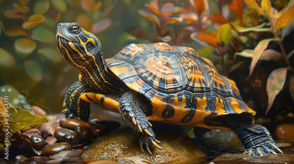 Obraz premium A detailed pastel drawing of a turtle in its habitat, focusing on the texture of its shell and the surrounding flora, peaceful ambiance