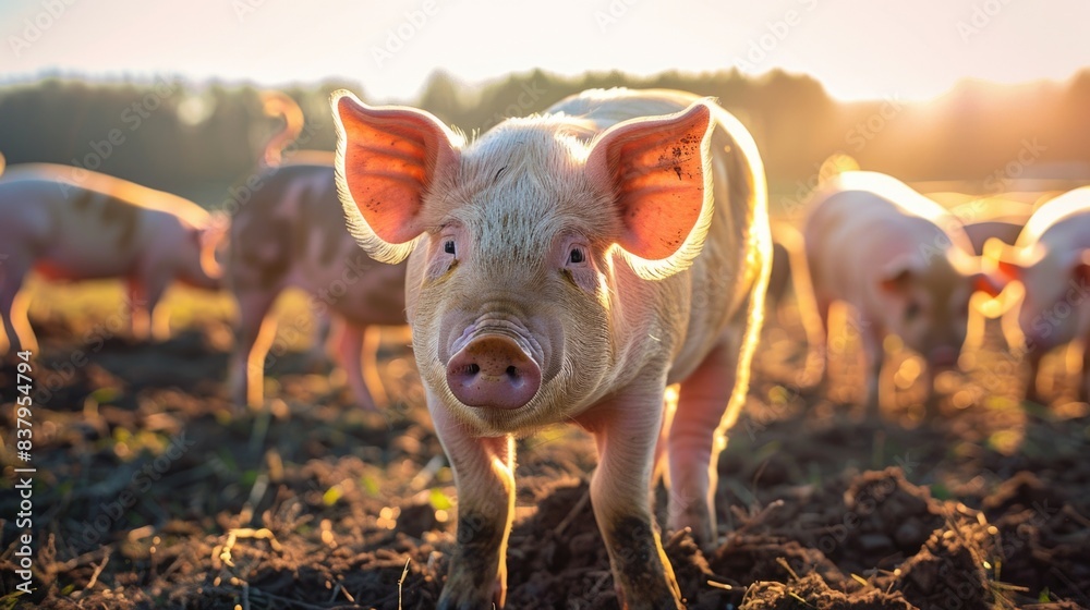 Many domestic pigs in a farm, natural sunlight Many domestic pigs in a farm, natural sunlight