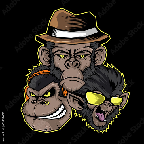 monkey gangster trio vector illustration good for t-shirt print