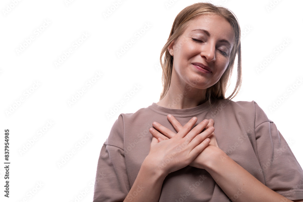 Happy woman with blond hair on white background Happy woman with blond hair on white background