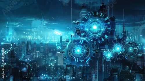 Blue hologram illustration design with cog gear and city skyscraper silhouette advanced technology artificial intelligence background.