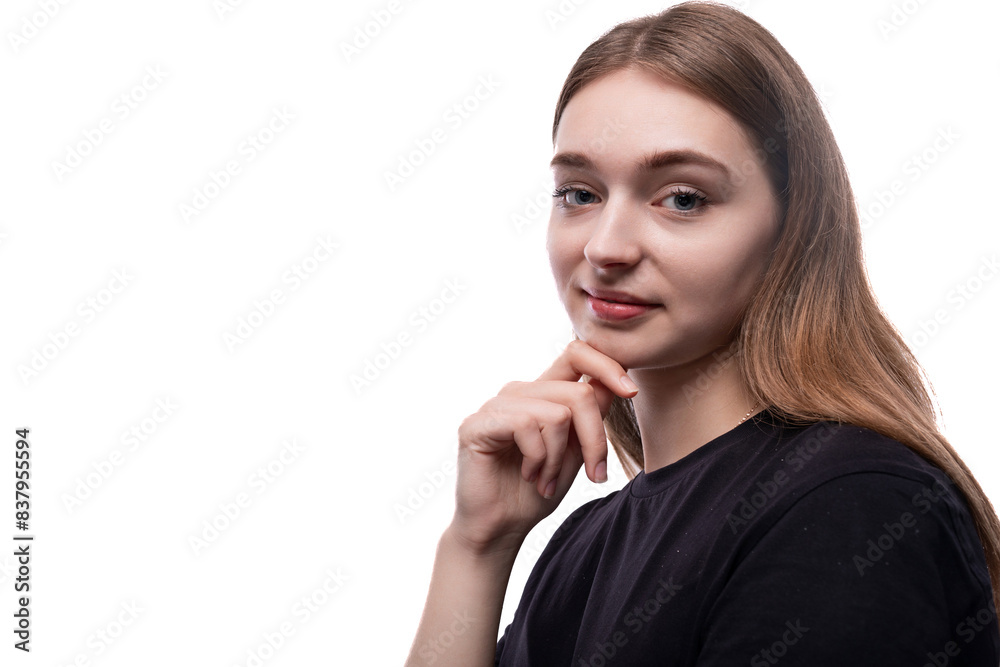 Close-up portrait of a well-groomed girl with brown hair Close-up portrait of a well-groomed girl with brown hair