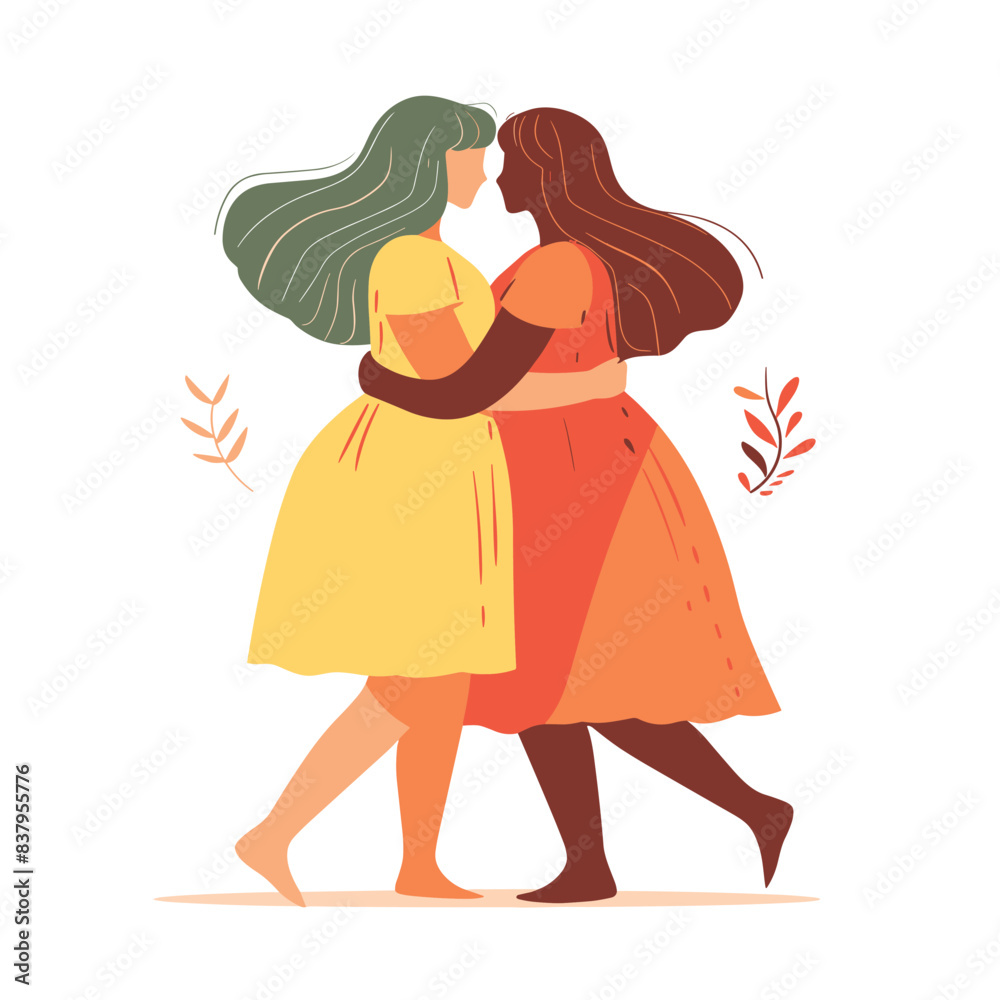 Two women embracing, one yellow dress orange dress, both flowing hair, affectionate expression. Warm colors, simple graphic, love theme, two females, intimate moment. Friendship bond, samesex Two women embracing, one yellow dress orange dress, both flowing hair, affectionate expression. Warm colors, simple graphic, love theme, two females, intimate moment. Friendship bond, samesex