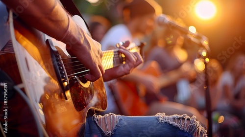 Musicians playing acoustic instruments at a summer music festival, intimate performance, outdoor stage, audience, relaxation