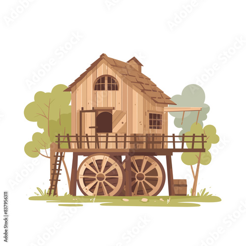Wooden treehouse built large wheels nestled among green trees, cartoon style isolated white background. Childrens imaginative play area resembling wagon home high platform. Cute whimsical treehouse